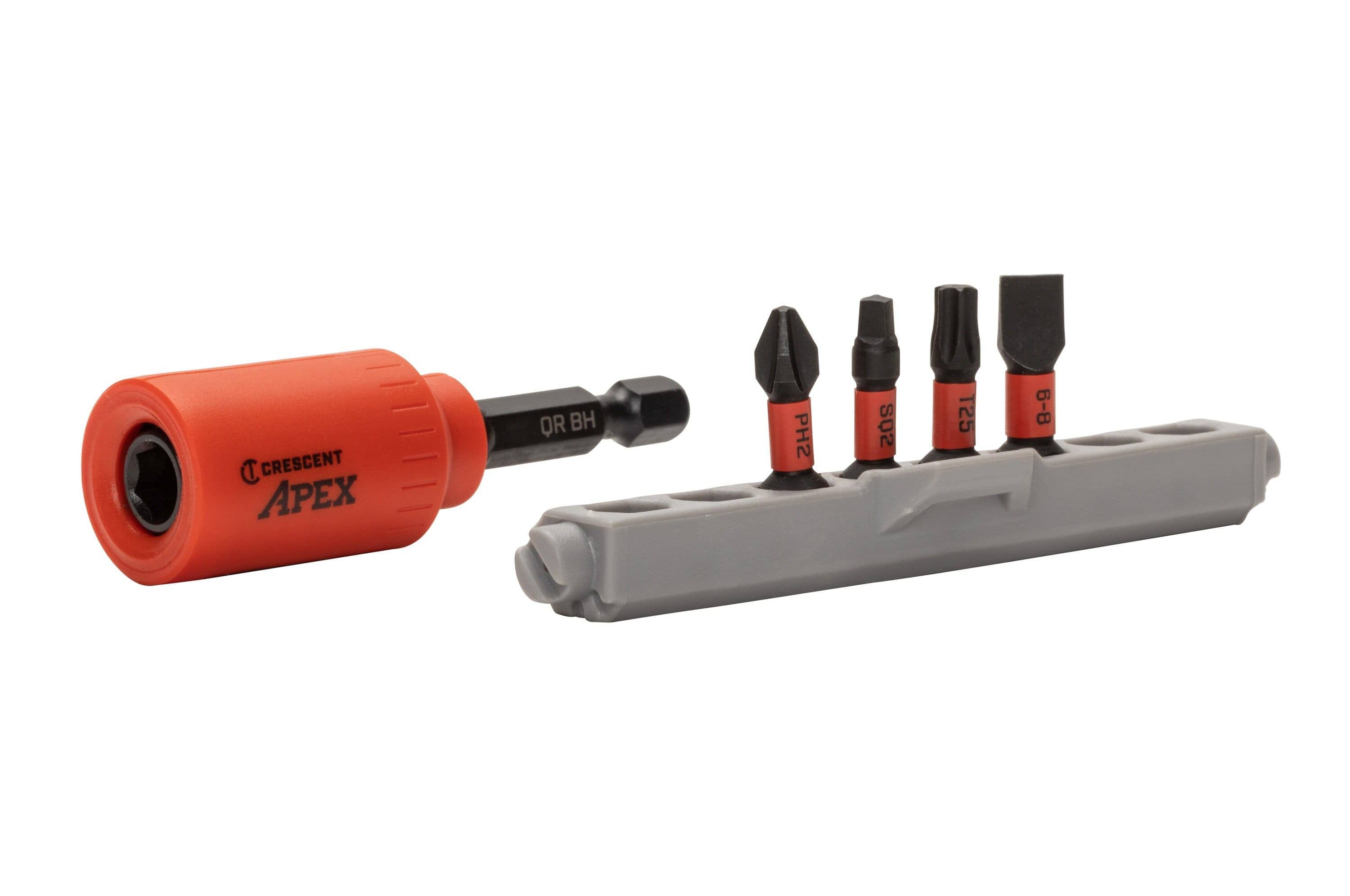 Angled product shot of the Crescent u-GUARD magnetic bit holder with its free-spinning orange sleeve, displayed alongside four black oxide VORTEX impact bits secured in a compact grey storage rail.