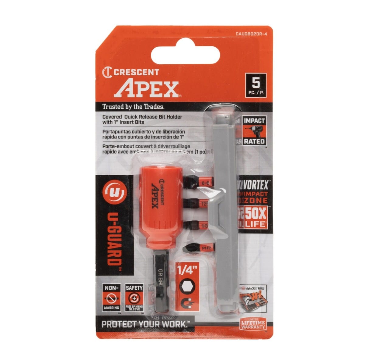 Front view of the retail blister packaging for the Crescent CAUGBQ2DR-4 5-piece u-GUARD covered quick-release bit holder set, highlighting the 50x longer bit life and non-marring safety features.