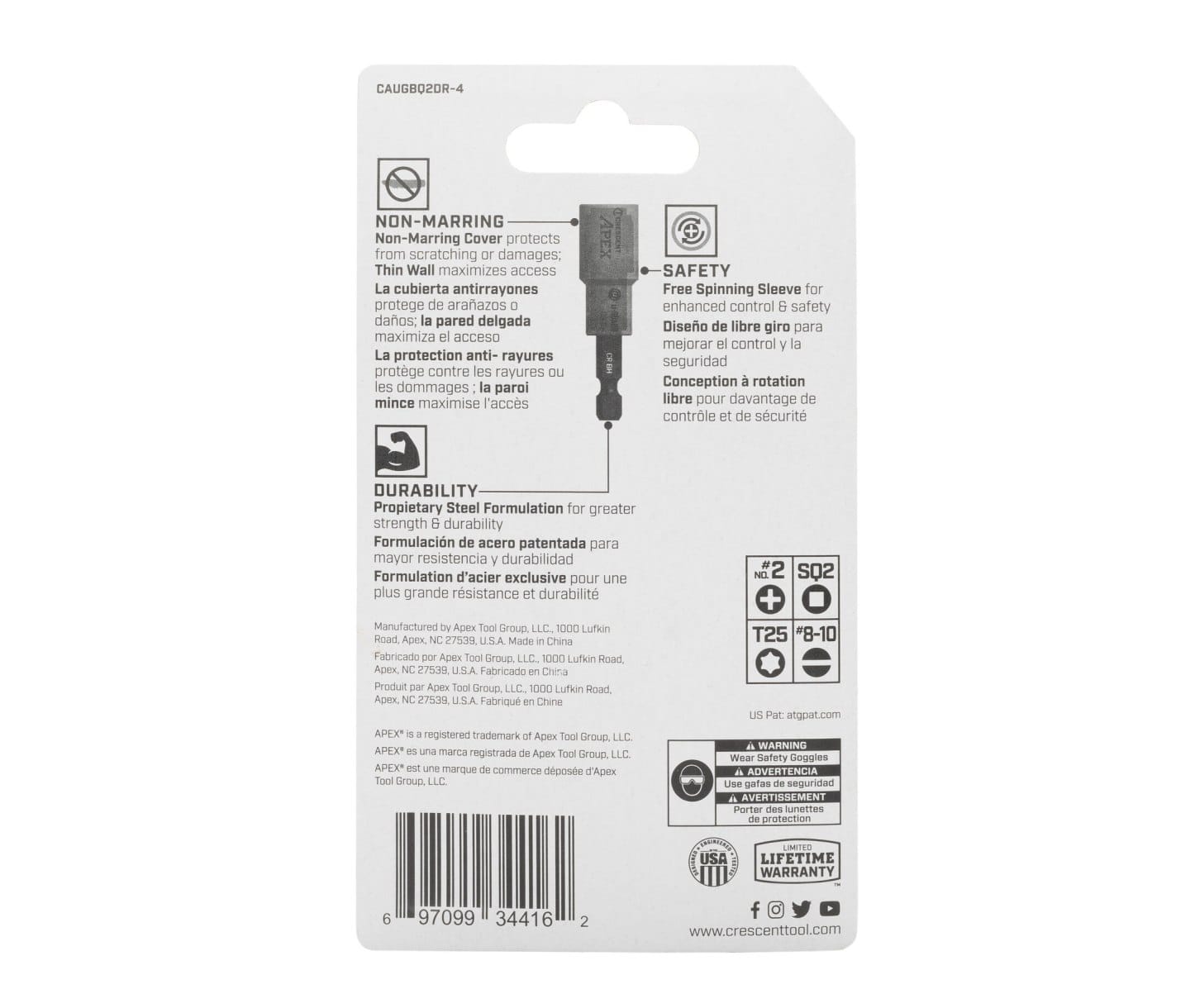 Back of the retail packaging for the Crescent 5-piece u-GUARD bit holder kit, detailing the non-marring cover, free-spinning safety sleeve, proprietary steel durability, and included Phillips, Square, Torx, and Slotted bit sizes.
