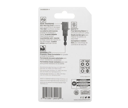 Back of the retail packaging for the Crescent 5-piece u-GUARD bit holder kit, detailing the non-marring cover, free-spinning safety sleeve, proprietary steel durability, and included Phillips, Square, Torx, and Slotted bit sizes.