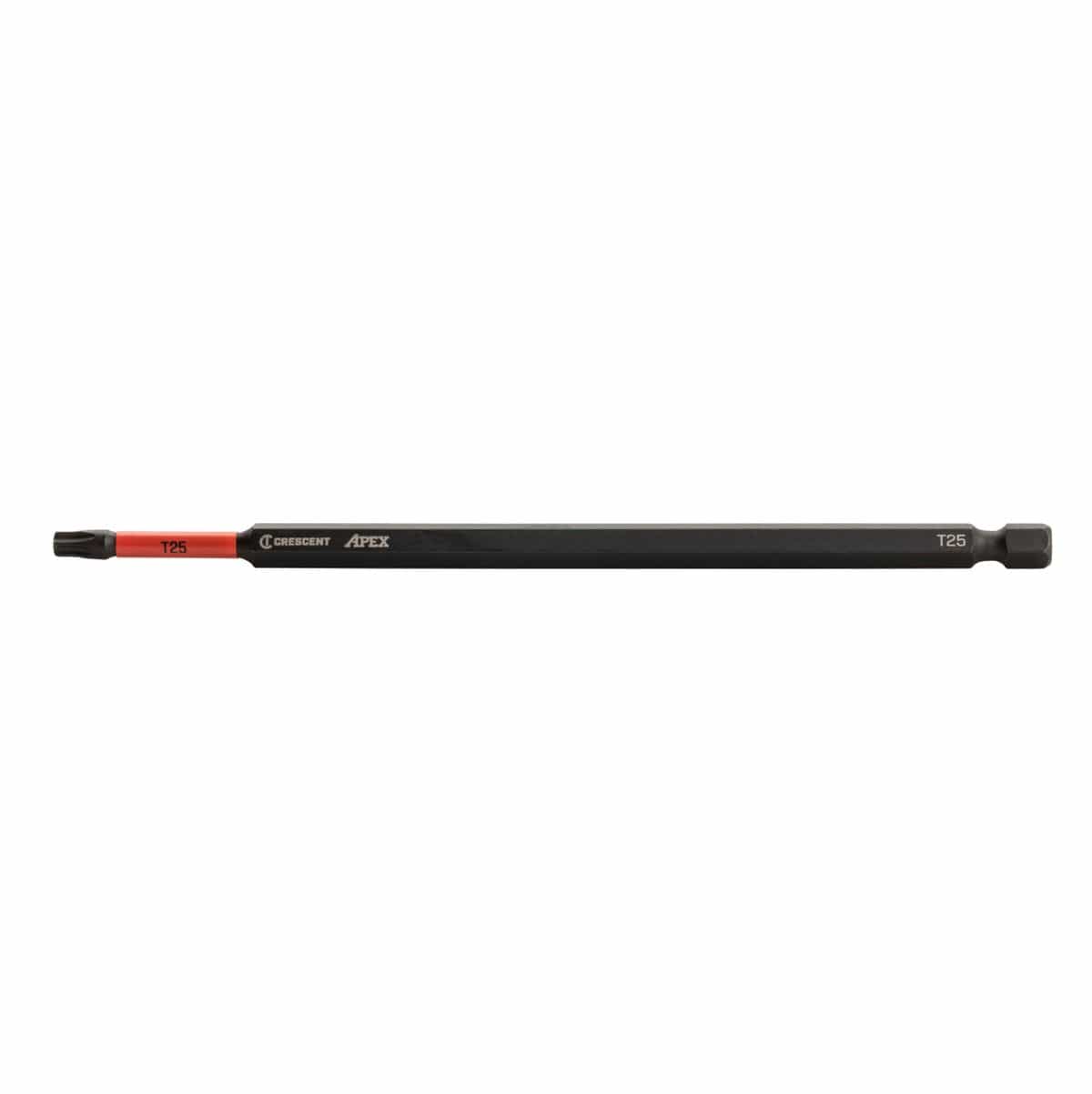 Crescent VORTEX impact power bit showing a full horizontal layout of its 6 inch heavy duty black oxide S2 alloy steel body featuring a 1/4 inch quick change hex shank, crisp white laser marked branding, a vibrant red optimized torsion zone band sleeve labeled T25, and a precision milled Torx T25 screwdriver drive tip isolated on a white background.