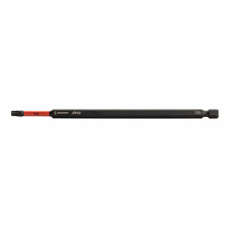 Crescent VORTEX impact power bit showing a full horizontal layout of its 6 inch heavy duty black oxide S2 alloy steel body featuring a 1/4 inch quick change hex shank, crisp white laser marked branding, a vibrant red optimized torsion zone band sleeve labeled T25, and a precision milled Torx T25 screwdriver drive tip isolated on a white background.