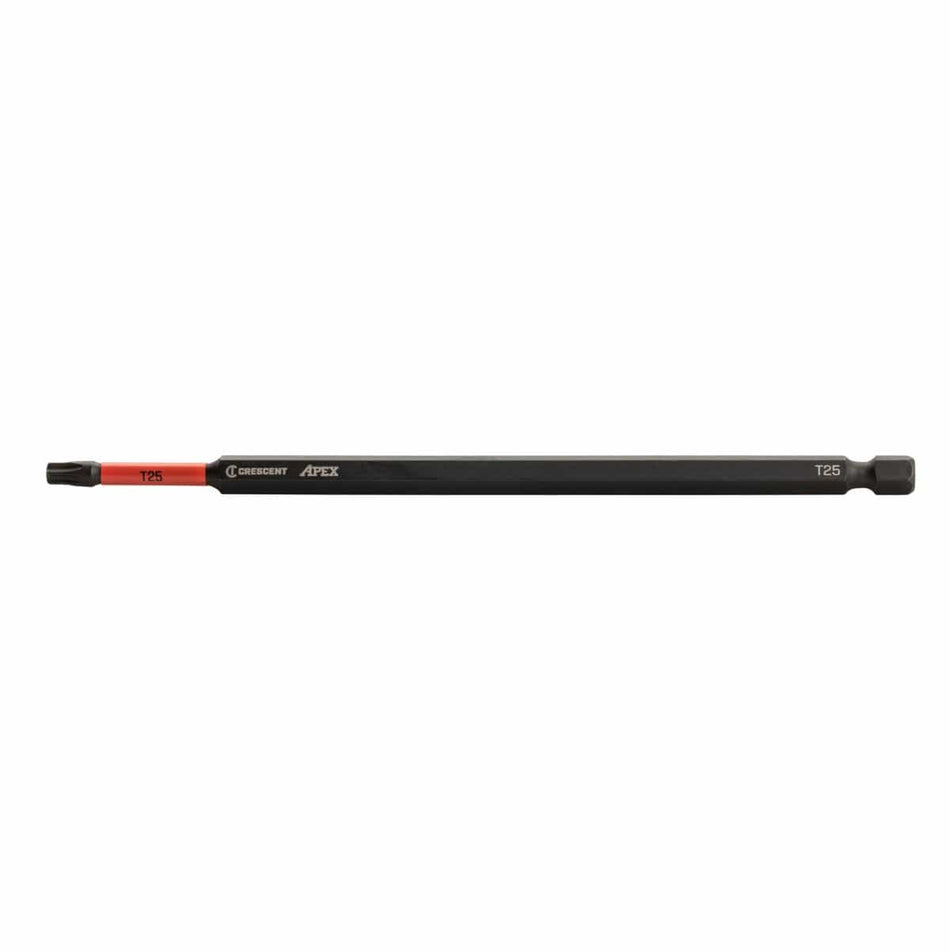 Crescent VORTEX impact power bit showing a full horizontal layout of its 6 inch heavy duty black oxide S2 alloy steel body featuring a 1/4 inch quick change hex shank, crisp white laser marked branding, a vibrant red optimized torsion zone band sleeve labeled T25, and a precision milled Torx T25 screwdriver drive tip isolated on a white background.