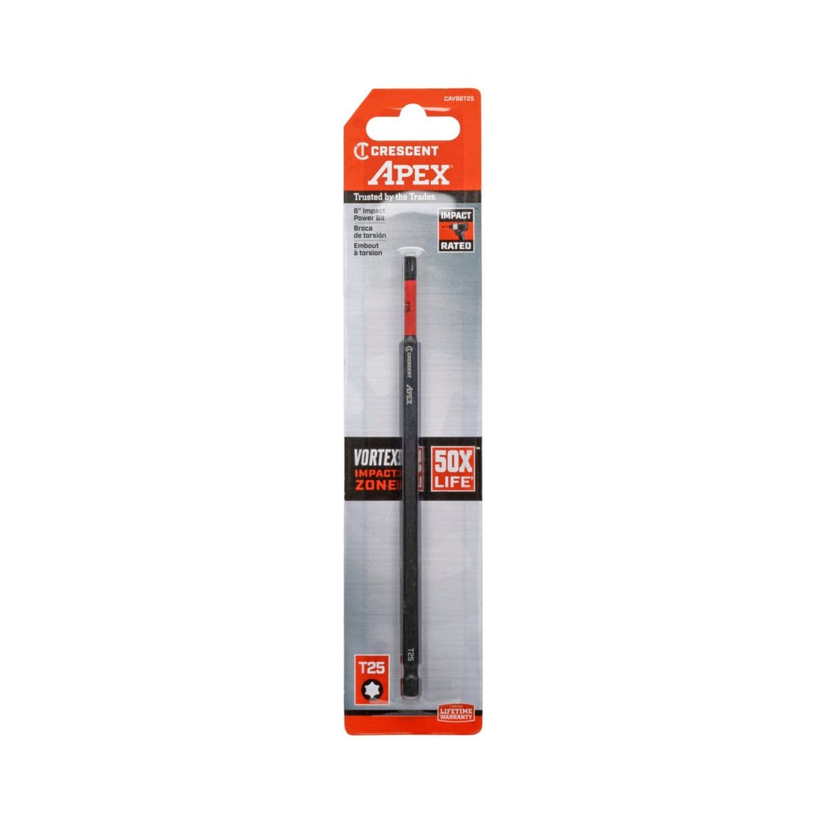 Crescent VORTEX impact power bit retail hanging card pack packaging featuring bright red and orange brand graphics displaying a 6 inch Torx T25 star drive bit locked behind clear blister protective plastic with bold text callouts for an optimized impact rated design delivering 50X life performance.