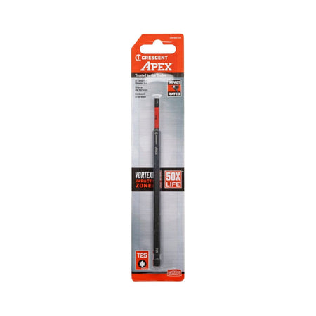 Crescent VORTEX impact power bit retail hanging card pack packaging featuring bright red and orange brand graphics displaying a 6 inch Torx T25 star drive bit locked behind clear blister protective plastic with bold text callouts for an optimized impact rated design delivering 50X life performance.