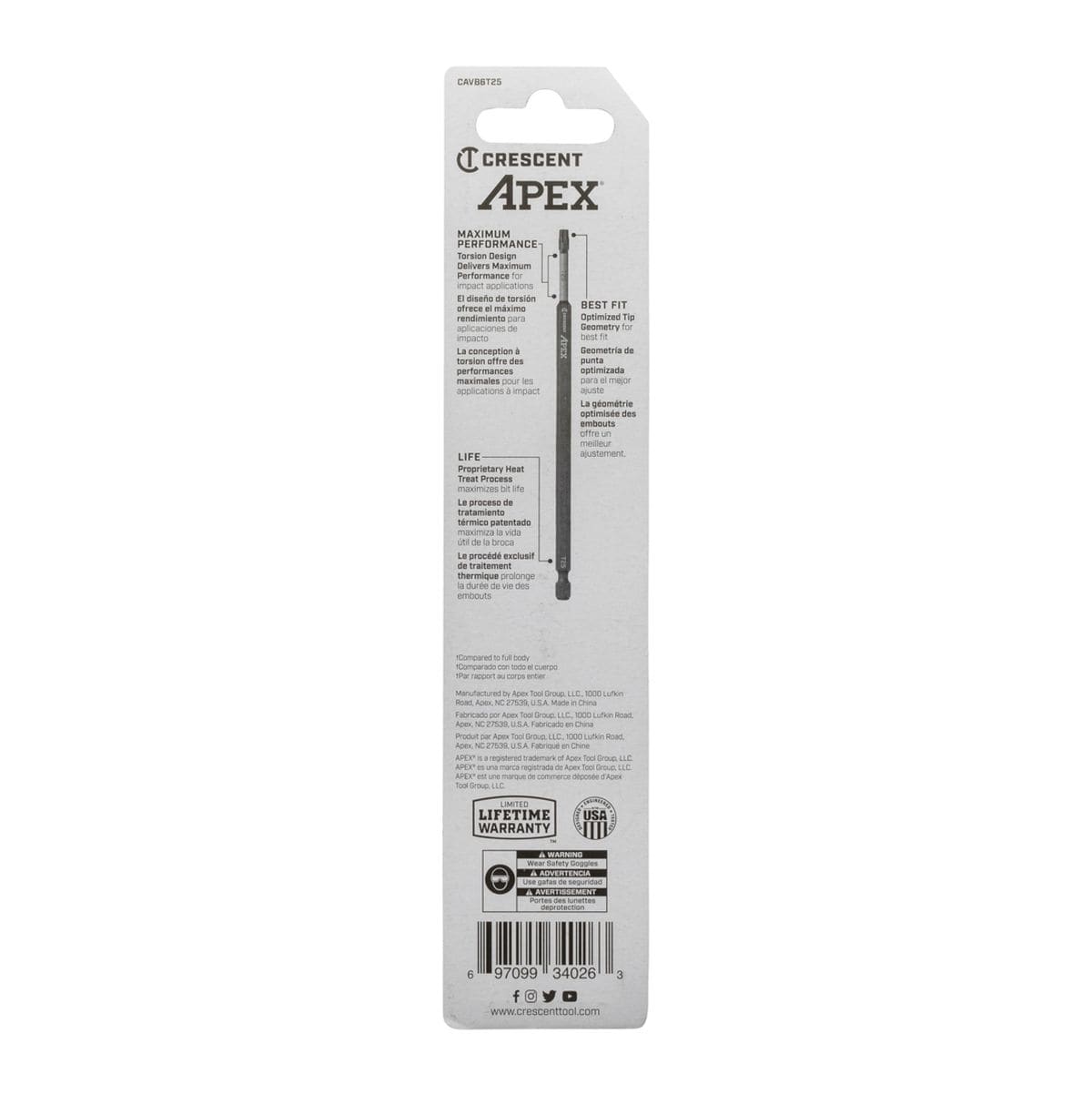 Crescent VORTEX impact power bit retail back display card packaging highlighting engineering specifications written in English, Spanish, and French detailing a proprietary heat treat process for maximum tool life and a lifetime warranty guarantee alongside universal barcode labeling.