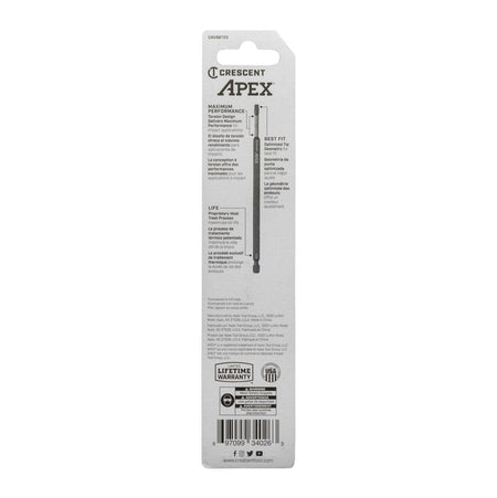 Crescent VORTEX impact power bit retail back display card packaging highlighting engineering specifications written in English, Spanish, and French detailing a proprietary heat treat process for maximum tool life and a lifetime warranty guarantee alongside universal barcode labeling.