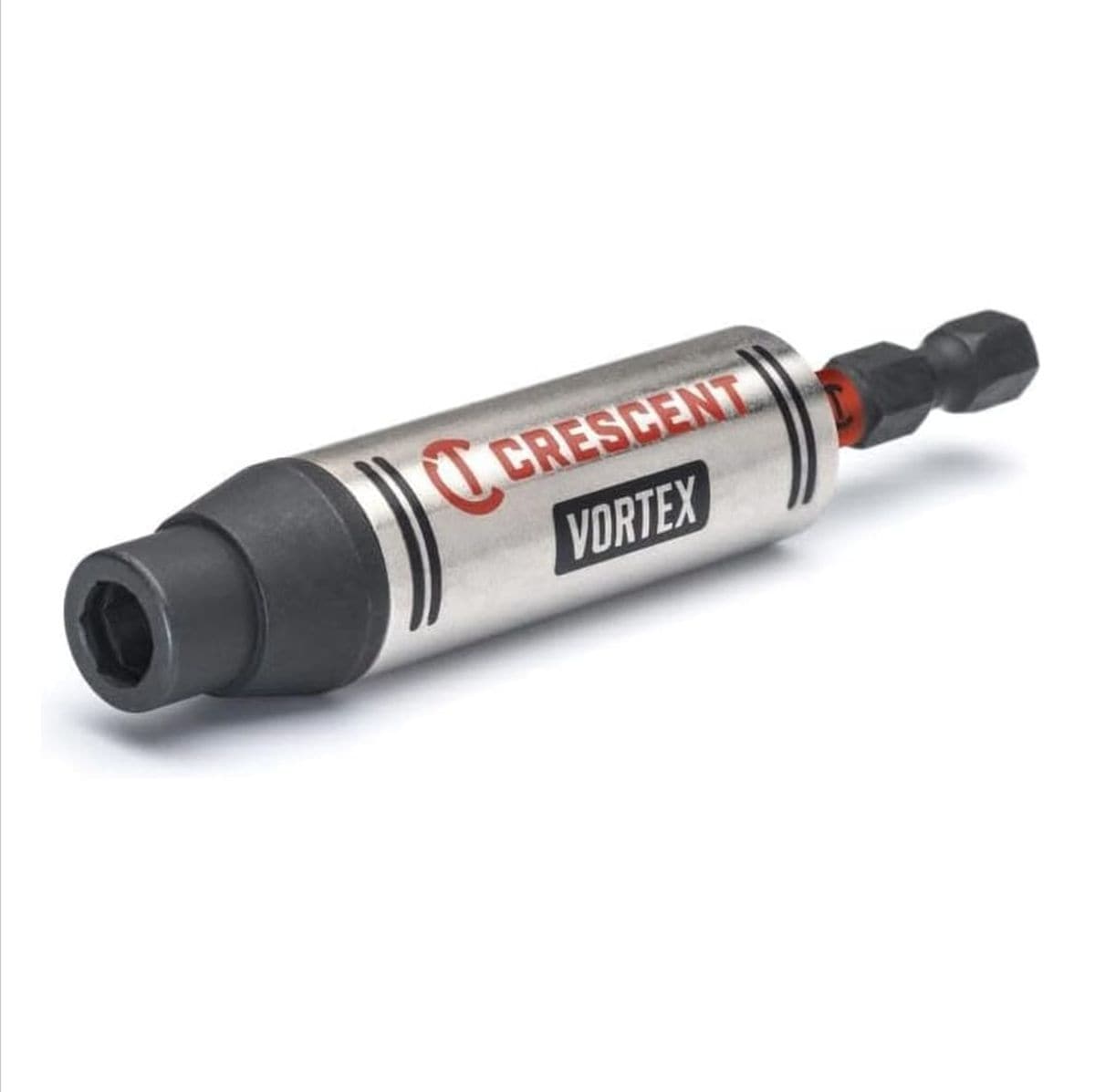 Angled close-up product shot of the Crescent CAVBH3 VORTEX 1/4-inch by 3-1/2-inch magnetic impact bit holder on a white background, displaying the silver body with red logo, black VORTEX branding, and the impact-rated hex shank for drills and drivers.