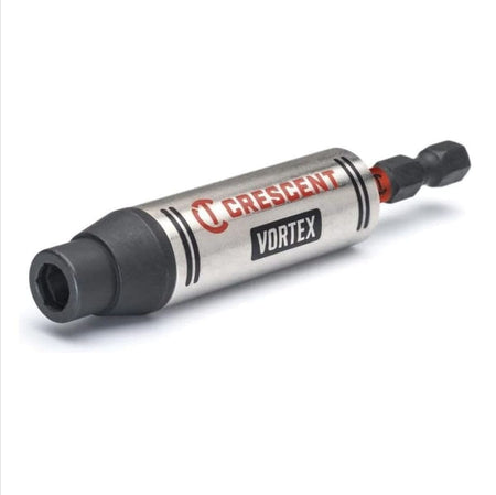 Angled close-up product shot of the Crescent CAVBH3 VORTEX 1/4-inch by 3-1/2-inch magnetic impact bit holder on a white background, displaying the silver body with red logo, black VORTEX branding, and the impact-rated hex shank for drills and drivers.