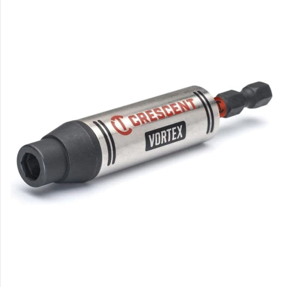 Angled close-up product shot of the Crescent CAVBH3 VORTEX 1/4-inch by 3-1/2-inch magnetic impact bit holder on a white background, displaying the silver body with red logo, black VORTEX branding, and the impact-rated hex shank for drills and drivers.