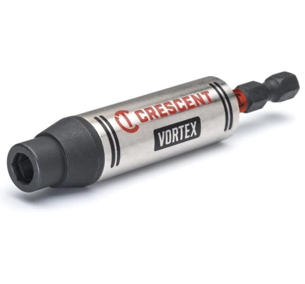 Angled close-up product shot of the Crescent CAVBH3 VORTEX 1/4-inch by 3-1/2-inch magnetic impact bit holder on a white background, displaying the silver body with red logo, black VORTEX branding, and the impact-rated hex shank for drills and drivers.