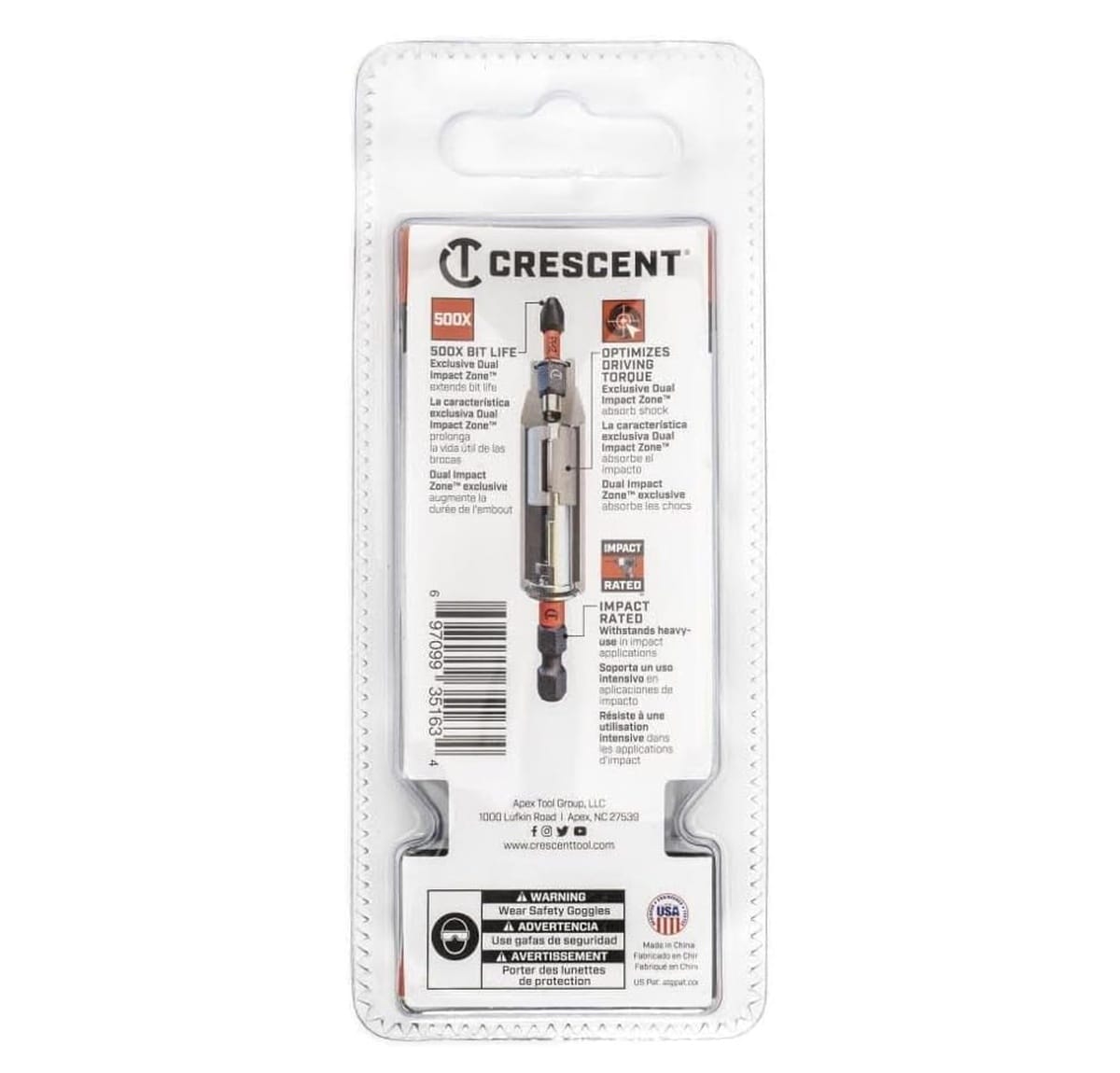Back of the retail card packaging for the Crescent VORTEX 3-1/2-inch magnetic impact bit holder, detailing the dual impact zone technology for optimized driving torque and longer bit life, alongside the product barcode and safety warnings