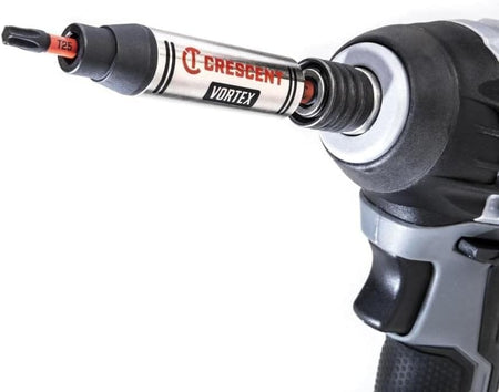 Close-up view of the Crescent VORTEX magnetic impact bit holder securely locked into a cordless impact driver chuck, equipped with a T25 hex shank insert bit ready for high-torque fastening on a white background