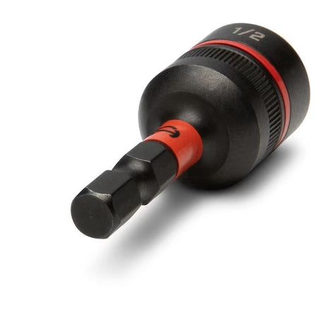Angled studio shot of the Crescent Bolt Biter 1/2 inch nut driver showing the black oxide finish, red identification band, and 1/4 inch hex shank.