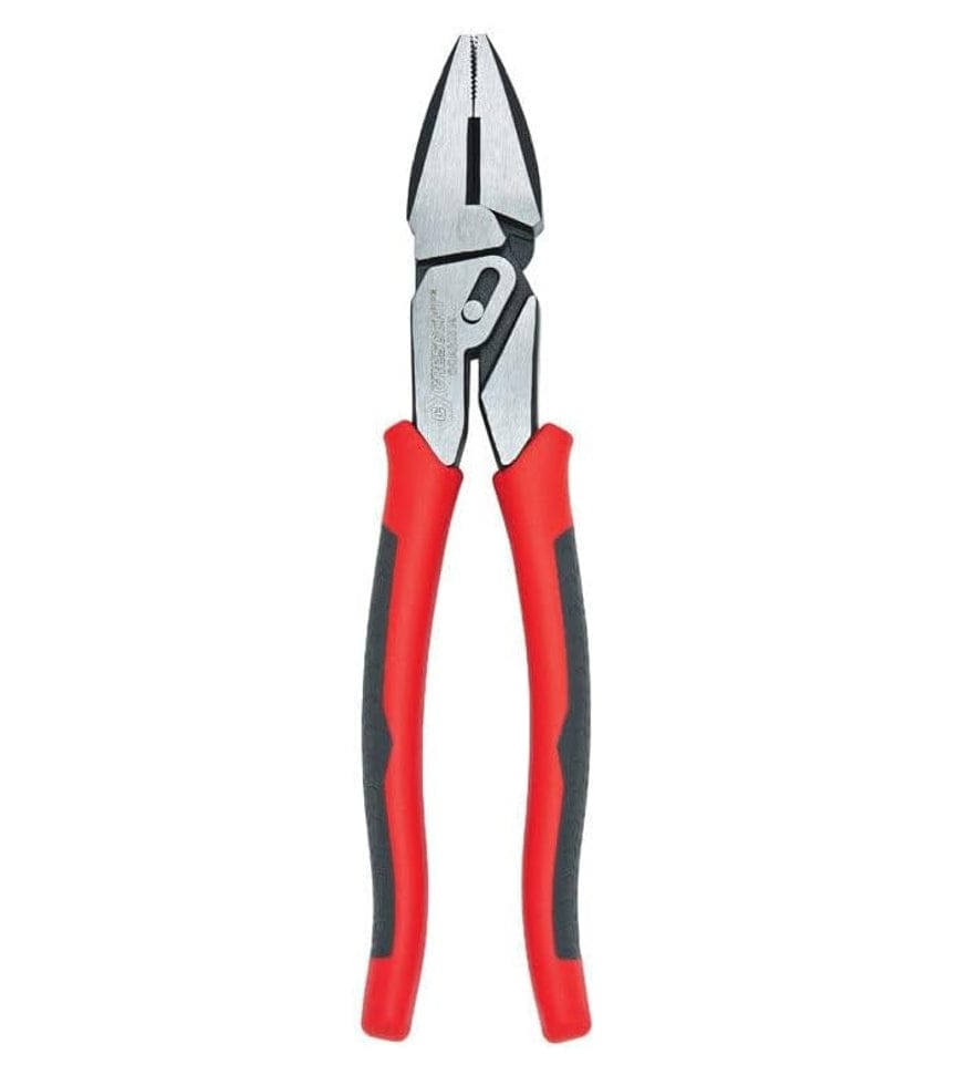 A front-facing studio shot of the Crescent CCA20509 9-inch pivot action lineman's pliers featuring forged steel construction and ergonomic red and gray dual-material comfort grip handles.