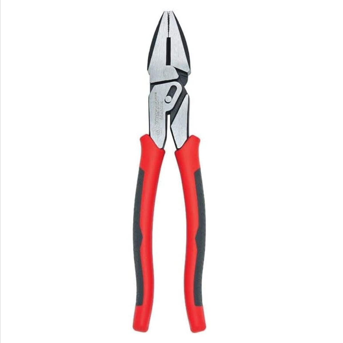 A front-facing studio shot of the Crescent CCA20509 9-inch pivot action lineman's pliers featuring forged steel construction and ergonomic red and gray dual-material comfort grip handles.