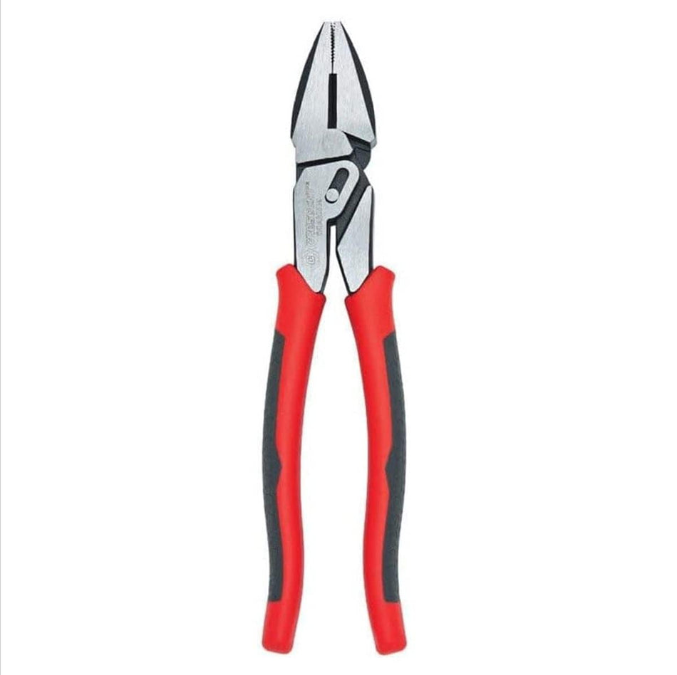 A front-facing studio shot of the Crescent CCA20509 9-inch pivot action lineman's pliers featuring forged steel construction and ergonomic red and gray dual-material comfort grip handles.