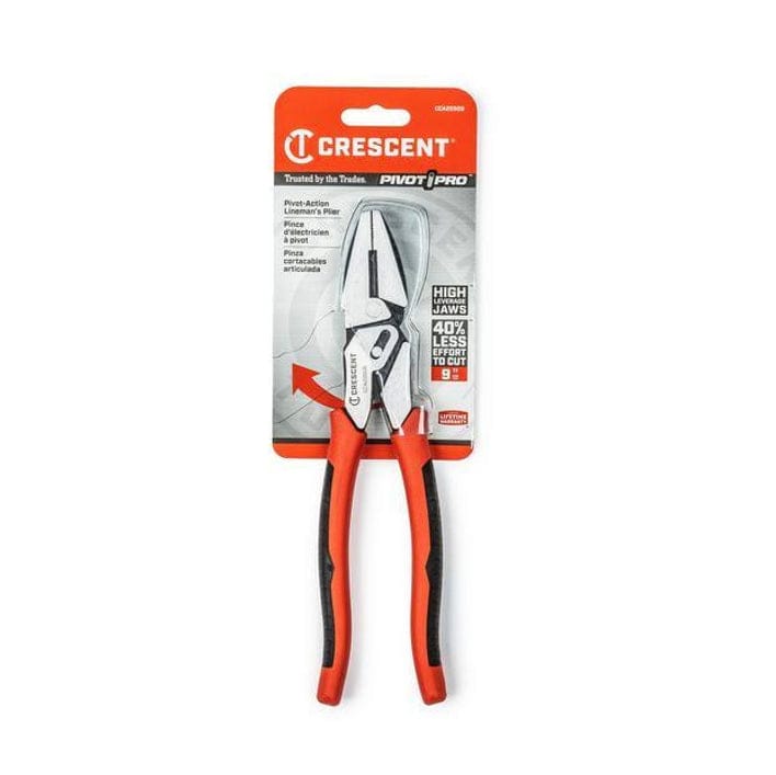 Retail carded packaging for the Crescent CCA20509 9-inch pivot action lineman's pliers, emphasizing key features such as high-leverage jaws and 40 percent less effort required to cut.