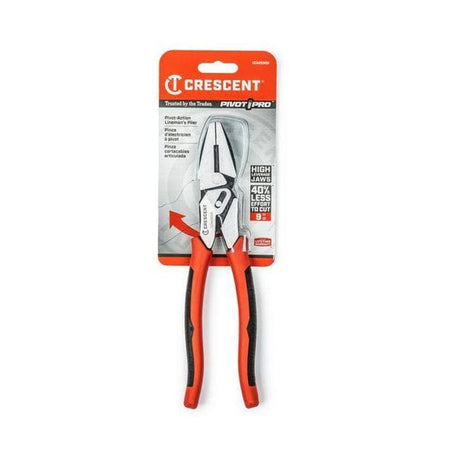 Retail carded packaging for the Crescent CCA20509 9-inch pivot action lineman's pliers, emphasizing key features such as high-leverage jaws and 40 percent less effort required to cut.