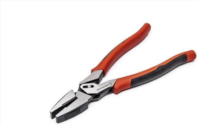A side profile of the Crescent 9-inch compound action lineman's pliers laid flat, showing the professional polished steel finish and the ergonomic handle design for maximum leverage.