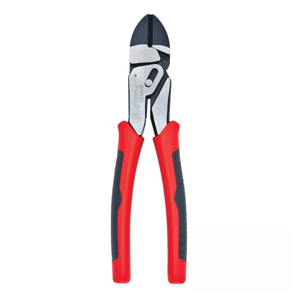 A front-facing studio shot of the Crescent CCA5428 8-inch pivot pro action diagonal cutting pliers featuring a heavy-duty forged steel body and ergonomic red and black dual-material comfort grip handles.