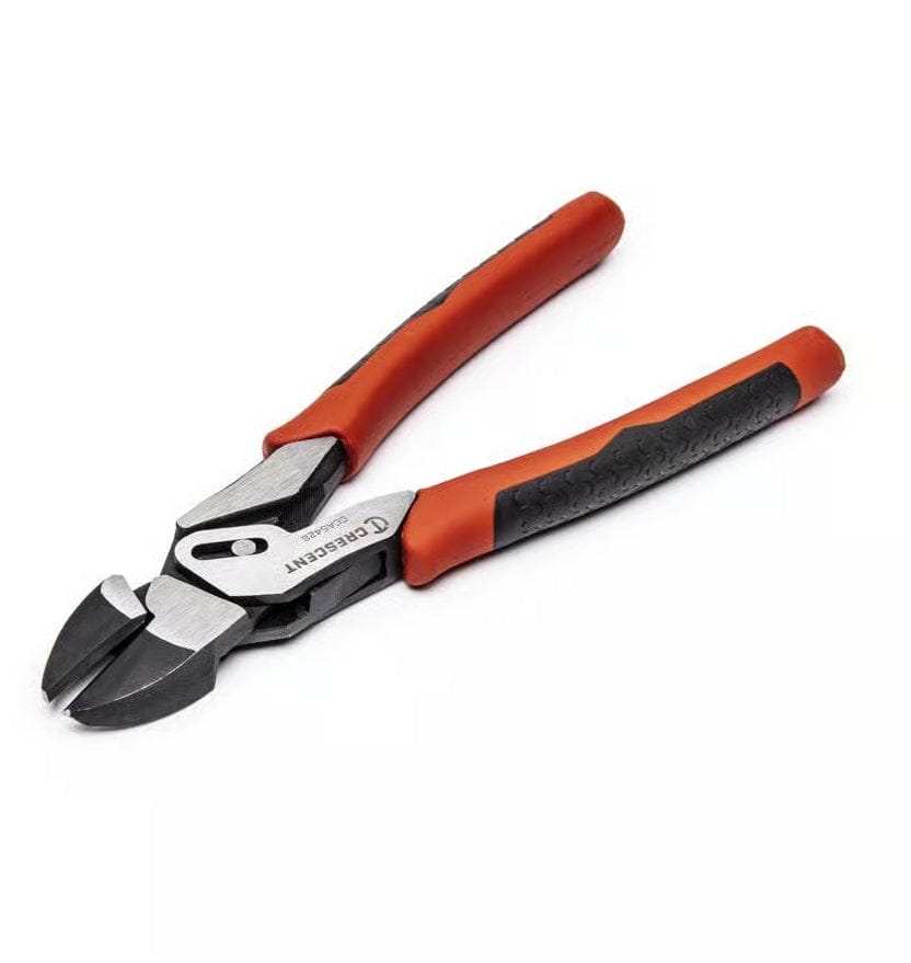 A perspective view of the Crescent CCA5428 compound action side cutters highlighting the professional polished steel finish and the high-leverage pivot joint designed for maximum cutting force.