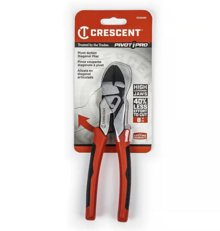 Retail carded packaging for the Crescent CCA5428 8-inch pivot pro diagonal pliers, emphasizing key benefits such as high-leverage jaws and 40 percent less effort required to cut.