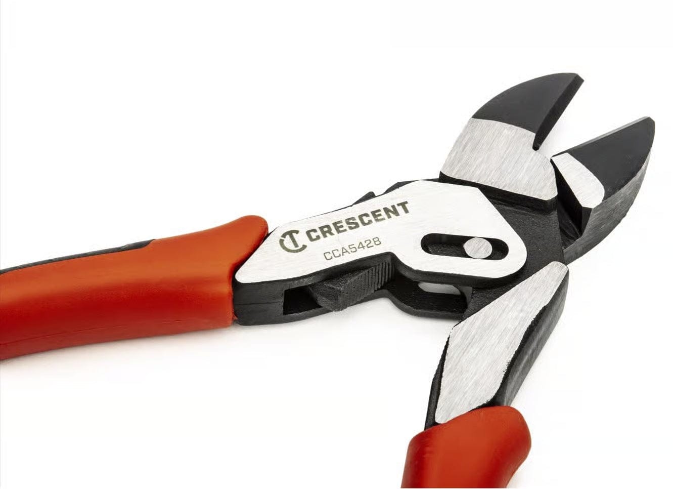 A close-up view of the Crescent CCA5428 pliers jaws showing the induction-hardened cutting edges and the unique compound leverage mechanism that provides industrial-grade cutting power.