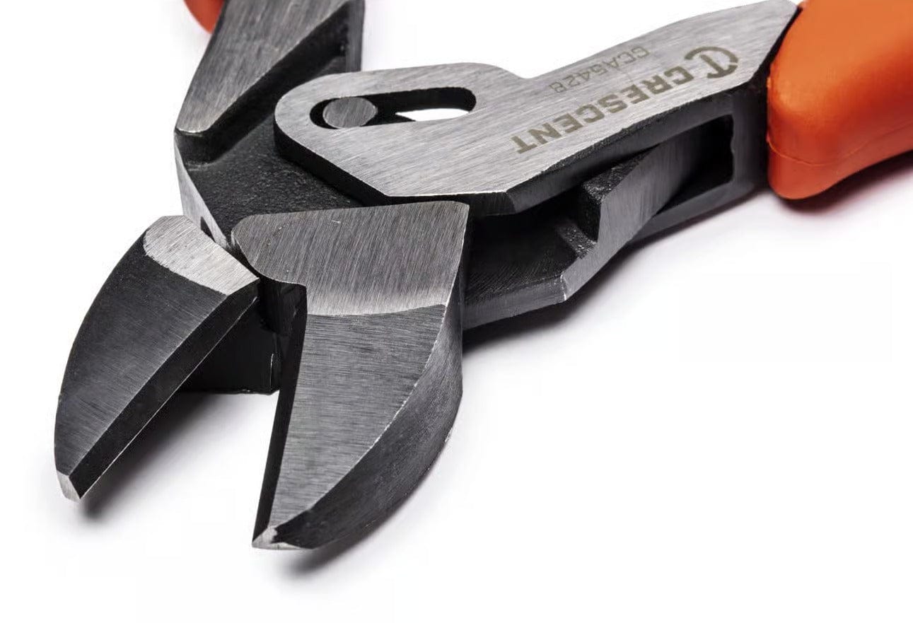 A detailed shot of the open cutting blades on the Crescent 8-inch diagonal pliers, showcasing the precision-ground standard bevel edges and the rugged chrome-vanadium steel construction.