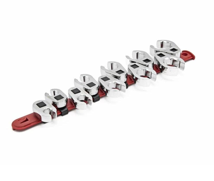 A perspective studio shot of the Crescent CCFWS0N 10-piece SAE flare nut crowfoot wrench set organized on a professional red socket rail, featuring a full polish chrome finish for industrial durability.
