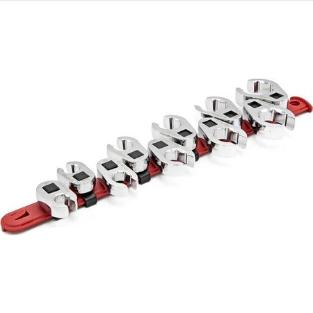 A perspective studio shot of the Crescent CCFWS0N 10-piece SAE flare nut crowfoot wrench set organized on a professional red socket rail, featuring a full polish chrome finish for industrial durability.