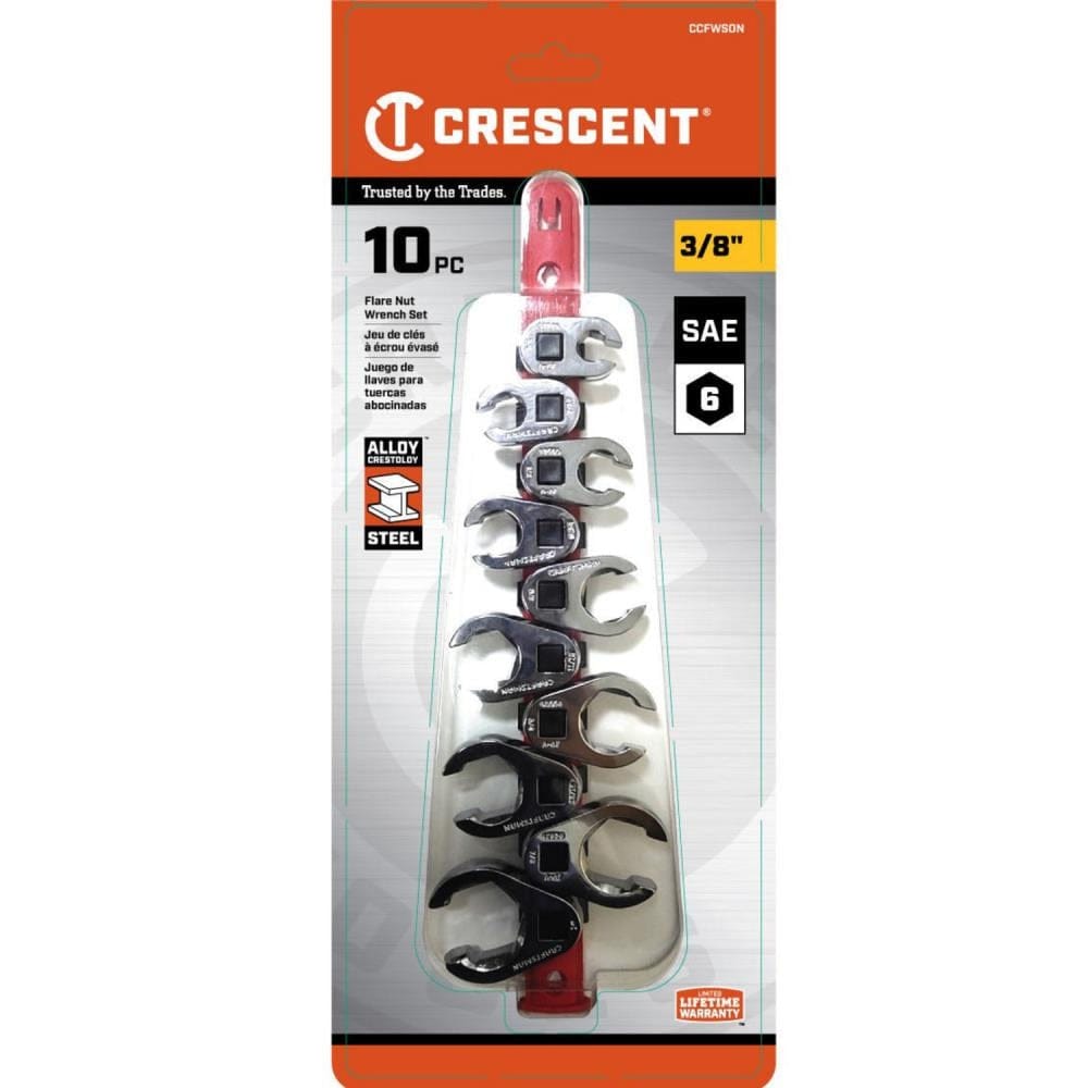 The front-facing retail packaging for the Crescent CCFWS0N 10-piece crowfoot wrench set, highlighting the 3/8 inch drive, 6-point flare nut design, and Crestoloy alloy steel construction for professional technicians.