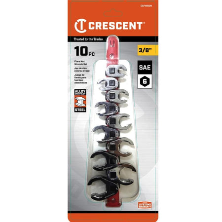 The front-facing retail packaging for the Crescent CCFWS0N 10-piece crowfoot wrench set, highlighting the 3/8 inch drive, 6-point flare nut design, and Crestoloy alloy steel construction for professional technicians.