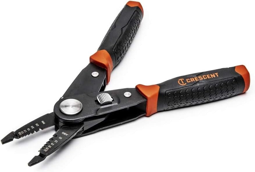 A perspective studio shot of the Crescent CCP8V 8-inch 2-in-1 combo pliers featuring professional forged alloy steel heads and ergonomic dual-material comfort grips in black and orange.