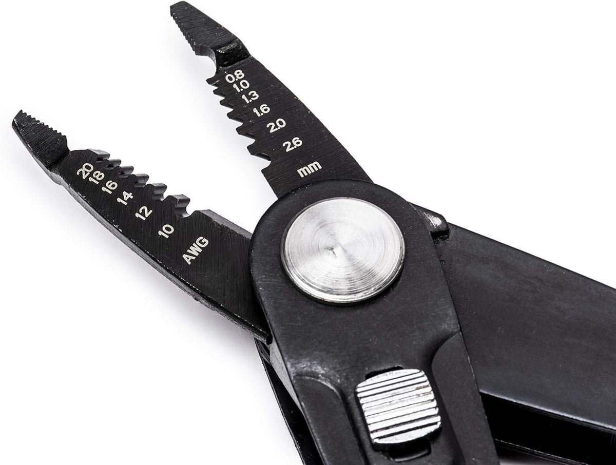 A close-up view of the laser-etched wire stripper head on the Crescent CCP8V pliers, showing precise AWG and metric markings for 10 to 20 gauge wire stripping.
