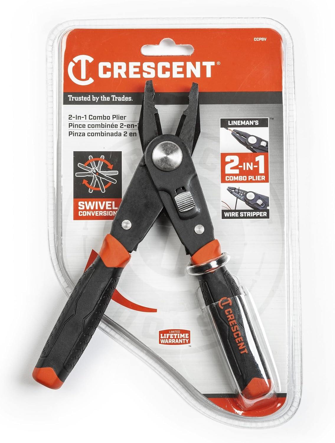Retail packaging for the Crescent CCP8V 2-in-1 combo pliers, emphasizing the unique tool design that combines lineman's pliers and a wire stripper with a swivel conversion feature.