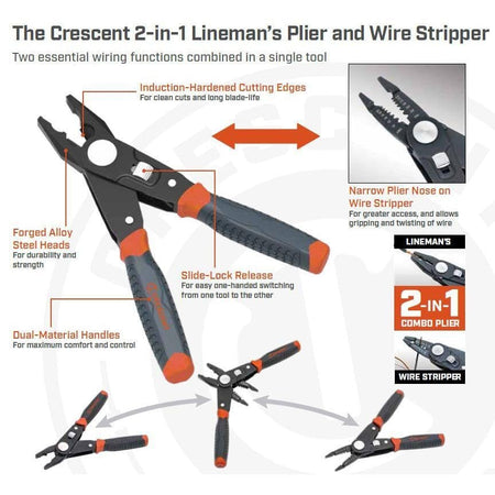 An informational marketing graphic for the Crescent CCP8V 2-in-1 tool, highlighting induction-hardened cutting edges, forged alloy steel heads, a slide-lock release, and dual-material handles.