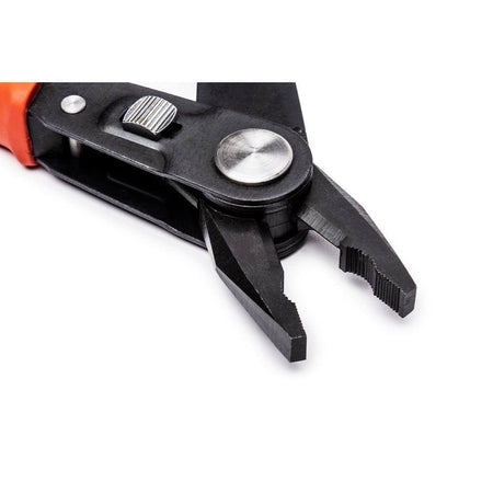 A detailed view of the induction-hardened cutting edges and the smooth-action pivot joint on the Crescent 8-inch combo lineman's pliers.