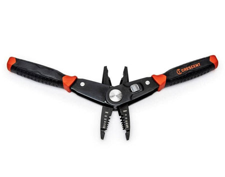 A top-down view of the Crescent CCP8V pliers in the open position, illustrating the hybrid design that allows for both heavy-duty gripping and precision wire stripping.