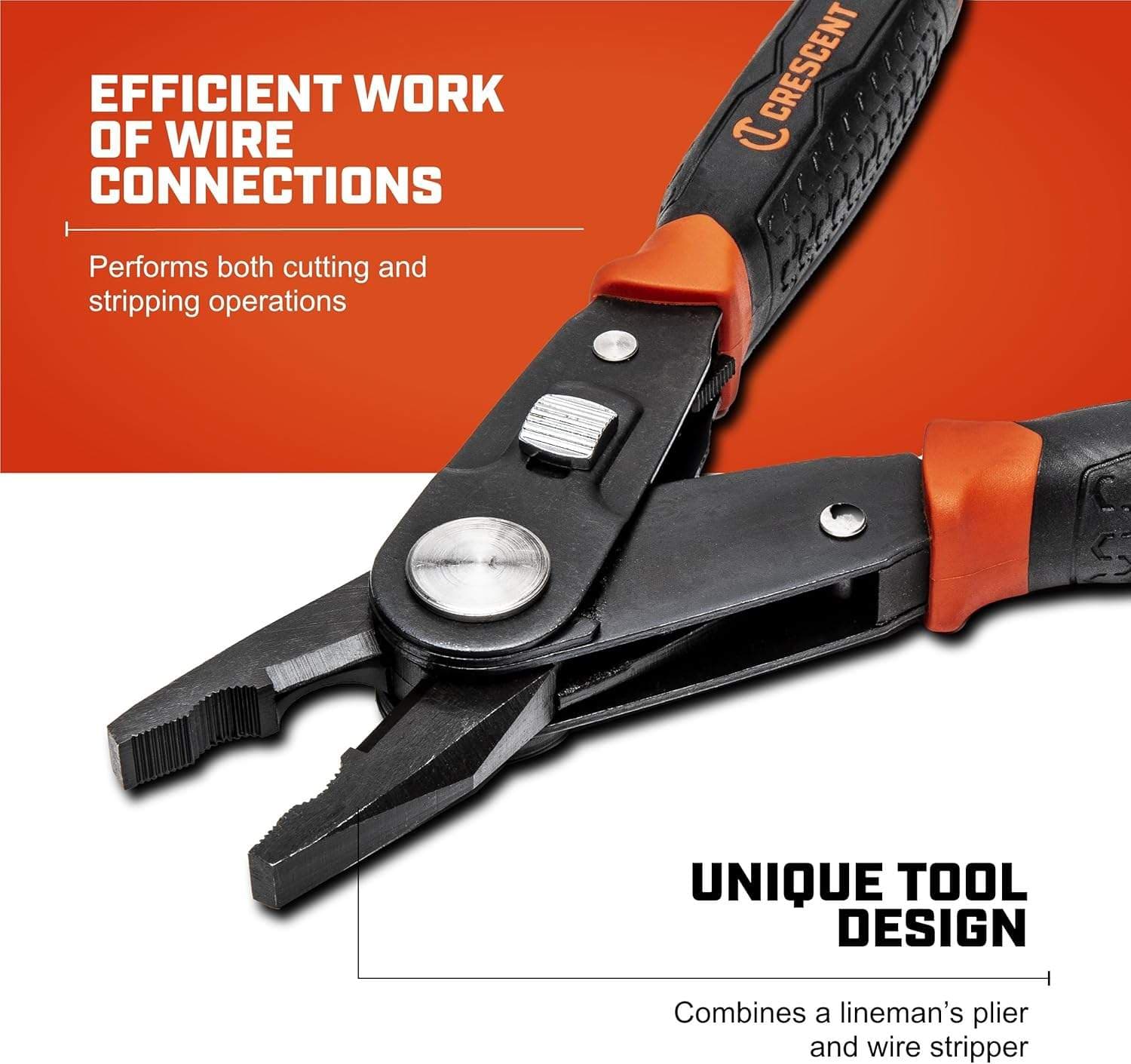 A marketing graphic for the Crescent CCP8V combo tool stating Efficient Work of Wire Connections and highlighting the unique tool design that combines two essential wiring functions.