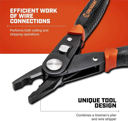 A marketing graphic for the Crescent CCP8V combo tool stating Efficient Work of Wire Connections and highlighting the unique tool design that combines two essential wiring functions.