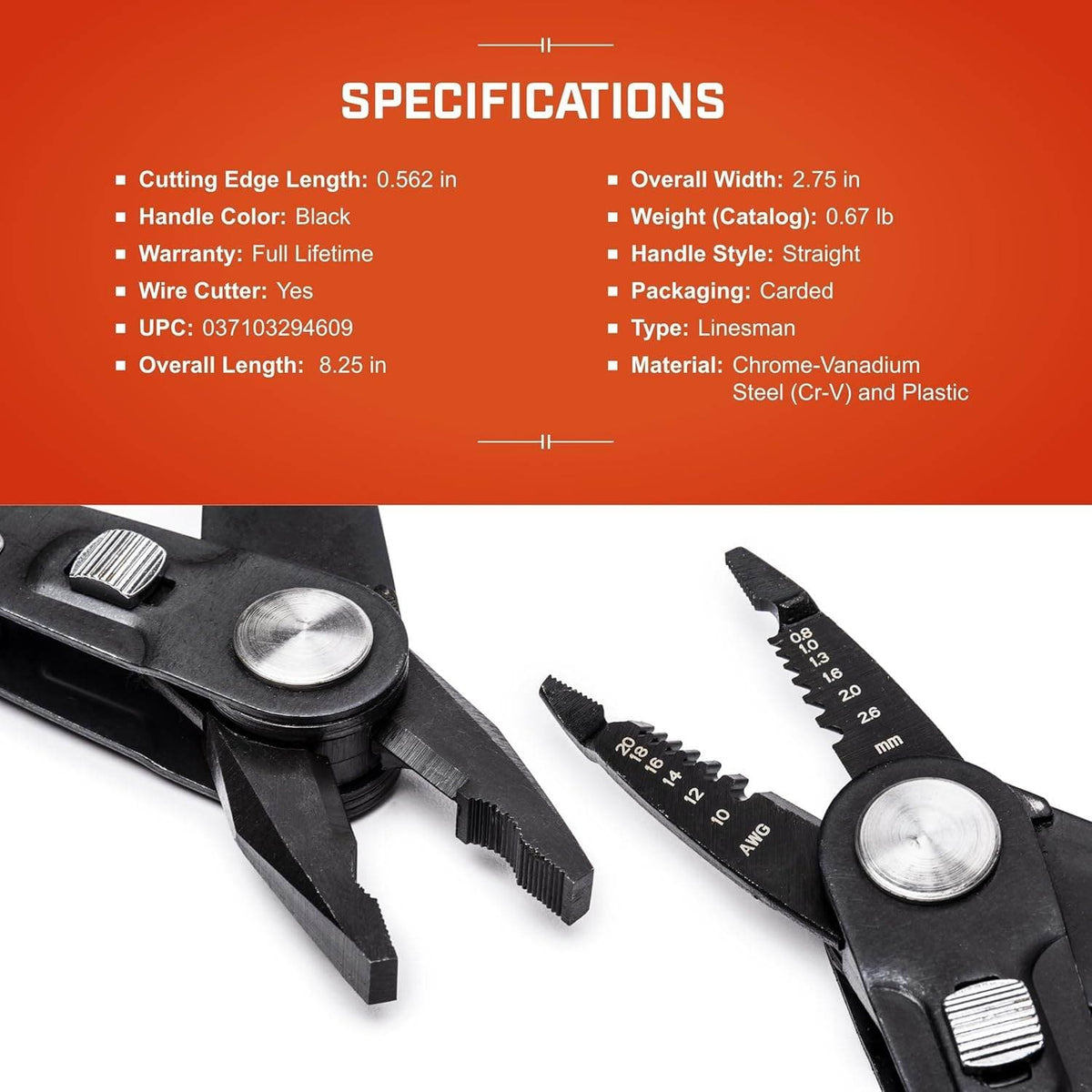 A comprehensive specifications graphic for the Crescent CCP8V pliers, listing technical details including its 8.25-inch overall length, chrome-vanadium steel material, and 0.67-pound catalog weight.