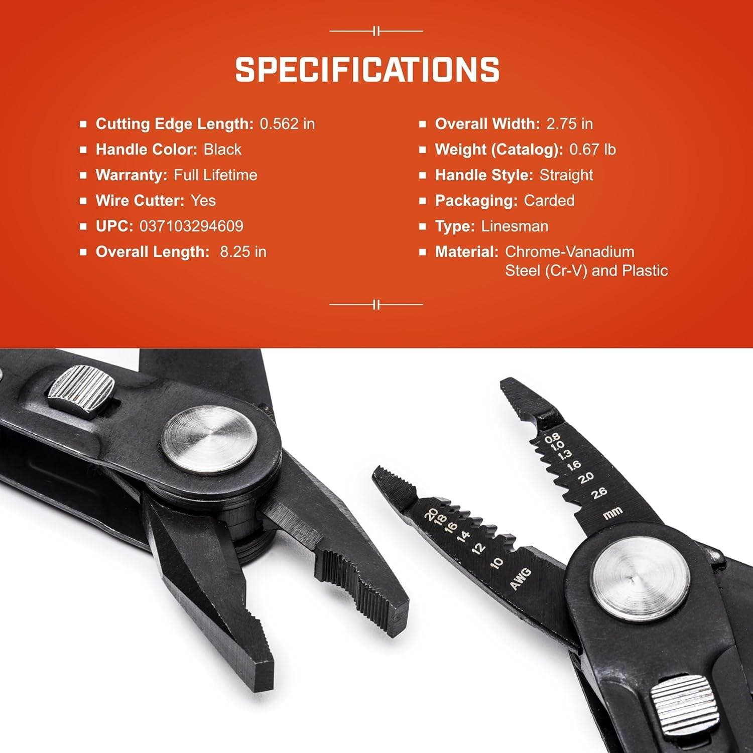 A comprehensive specifications graphic for the Crescent CCP8V pliers, listing technical details including its 8.25-inch overall length, chrome-vanadium steel material, and 0.67-pound catalog weight.