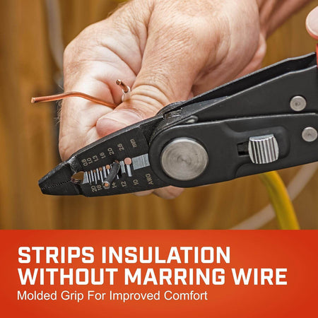 An action photo of the Crescent CCP8V wire stripper removing insulation from a copper wire without marring the conductor, demonstrating the tool's precision and molded grip comfort.