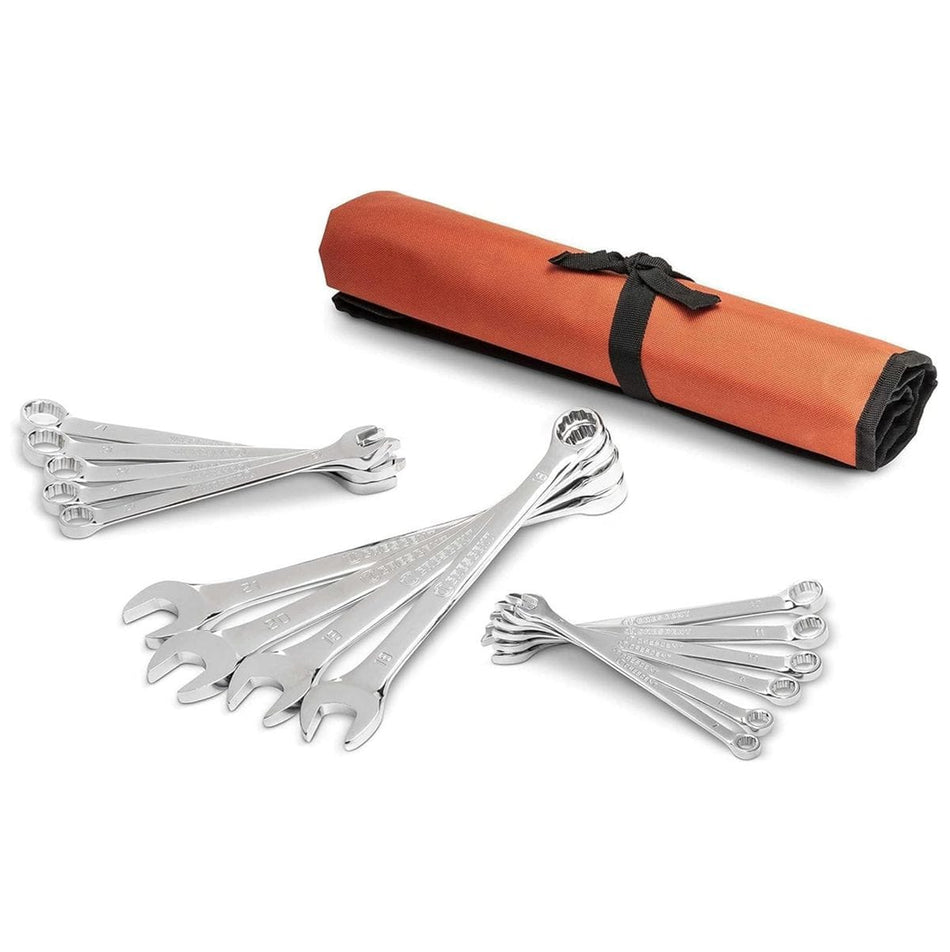 A comprehensive studio shot of the Crescent CCWS5-05 15-piece metric combination wrench set featuring full polish chrome tools arranged with their heavy-duty orange reinforced storage tool roll.