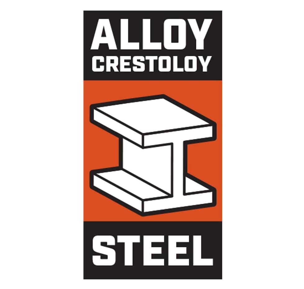 A technical marketing icon for Crescent tools specifying the use of Alloy Crestoloy Steel for maximum industrial strength and long-term professional durability.