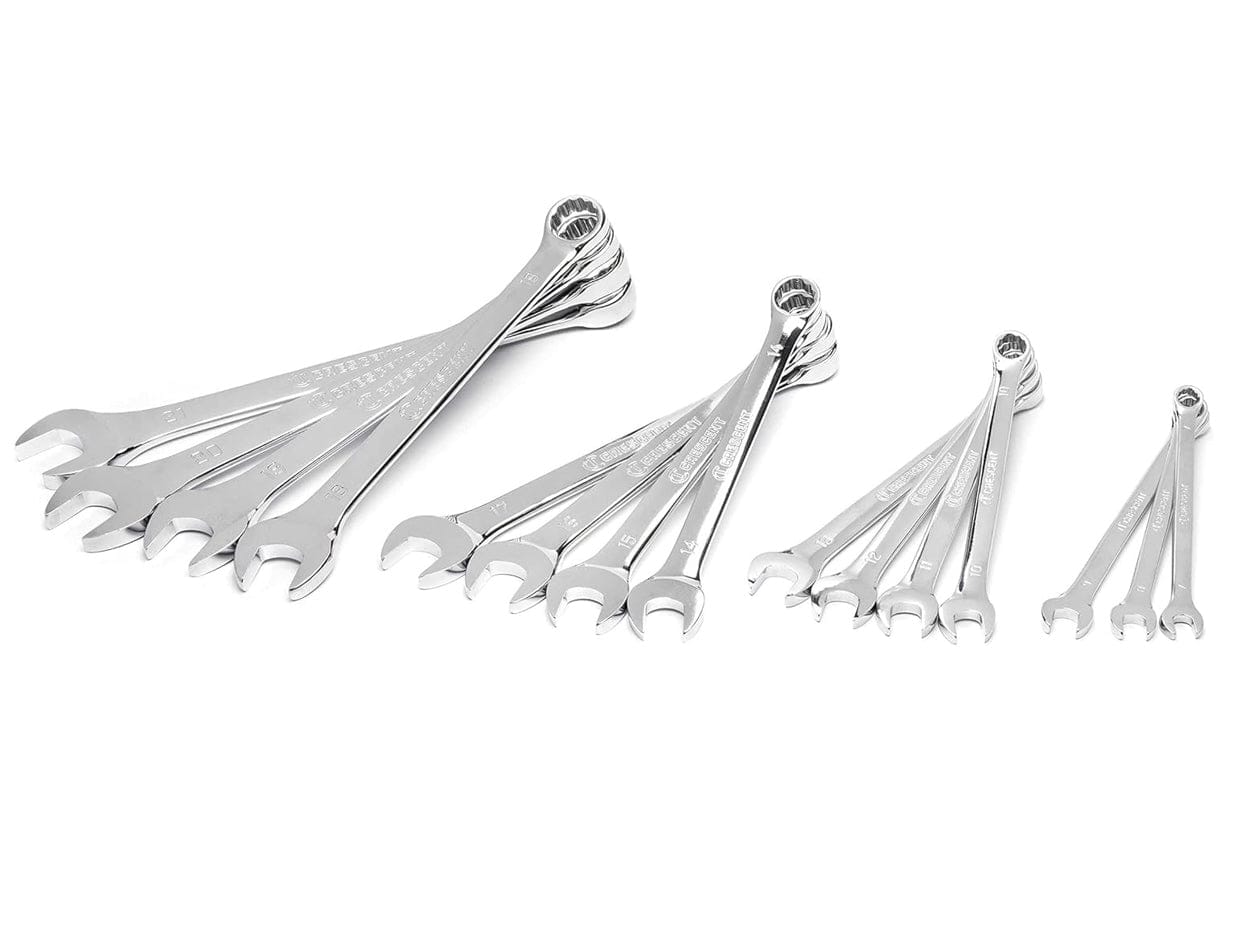 A perspective view of the 15-piece Crescent metric wrench set showcasing the variety of sizes from 7mm to 21mm with professional mirror-like chrome finishes and standard pattern beams.