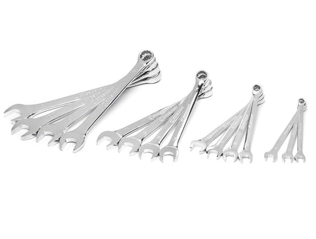 A perspective view of the 15-piece Crescent metric wrench set showcasing the variety of sizes from 7mm to 21mm with professional mirror-like chrome finishes and standard pattern beams.
