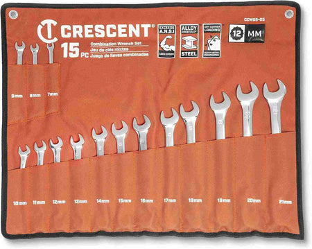 An informational graphic of the Crescent CCWS5-05 set organized inside its orange tool roll, highlighting key features including off-corner loading to reduce rounding, alloy steel construction, and performance exceeding ANSI load specifications.