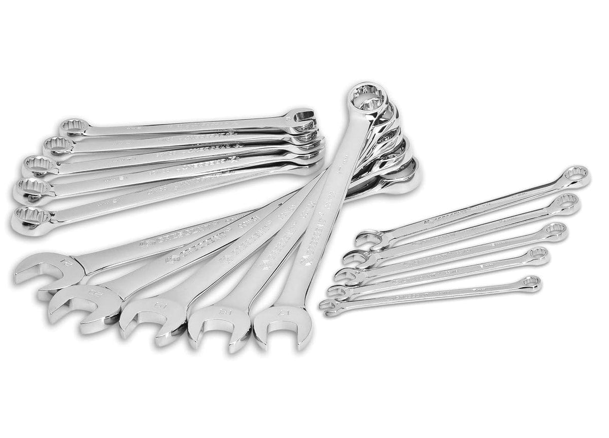 An angled studio shot of the Crescent metric combination wrenches highlighting the 12-point box ends and open ends with high-visibility size markings on the durable alloy steel beams.